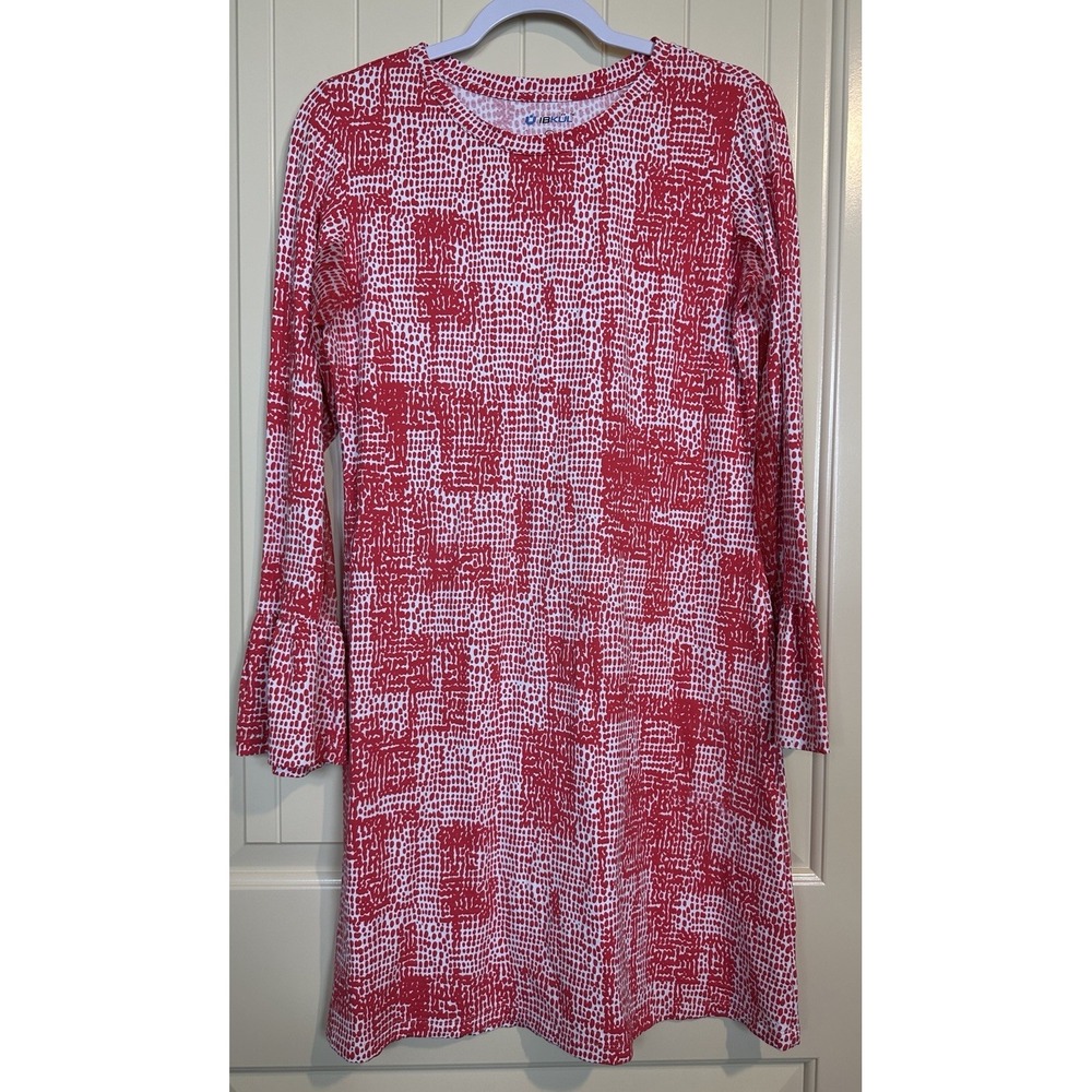IBKUL‎ Diane Long Bell Sleeve Shift Dress nylon stretch UPF athleisure sz M GUC